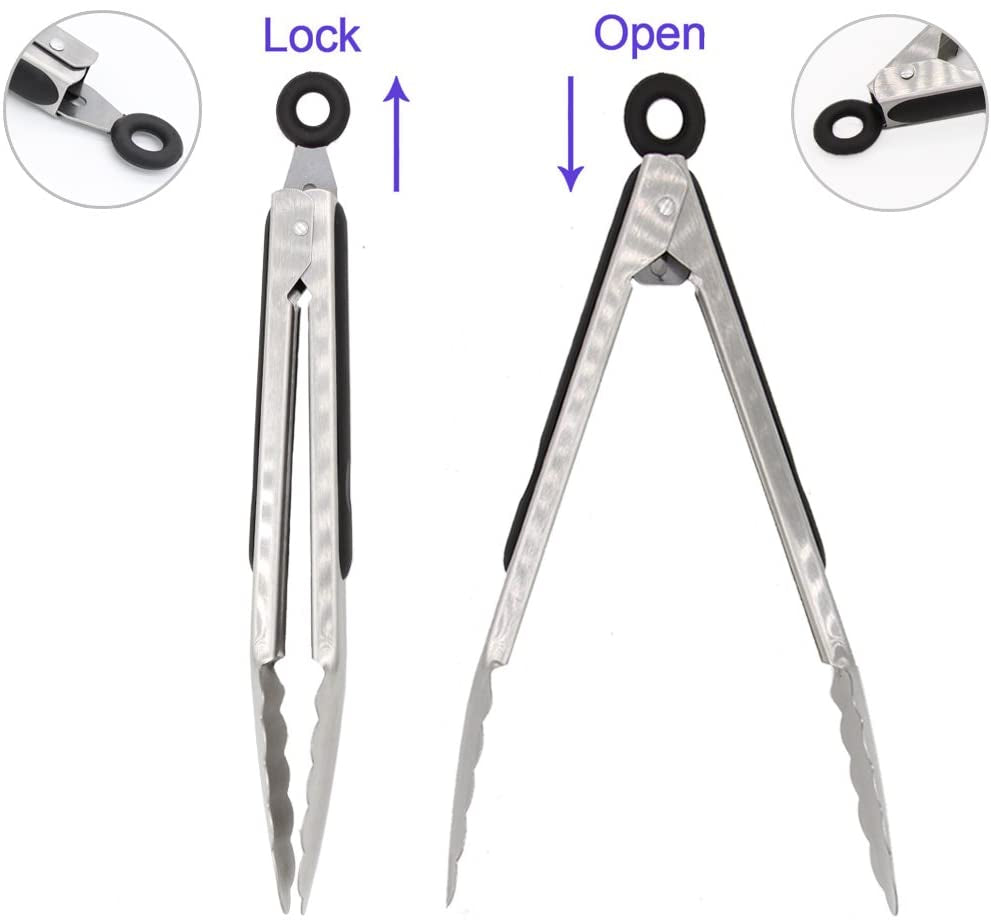 304 Stainless Steel Kitchen Cooking Tongs, 9" and 12" Set of 2 Sturdy Grilling Barbeque Brushed Locking Food Tongs with Ergonomic Grip, Black