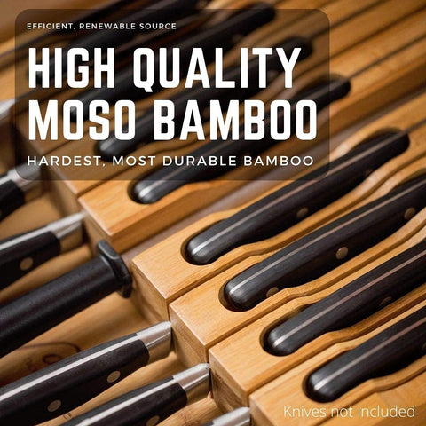 Image of In-Drawer Bamboo Knife Block Holds 16 Knives (Not Included) without Pointing up plus a Slot for Your Knife Sharpener!  Knife Organizer Made from Quality Moso Bamboo