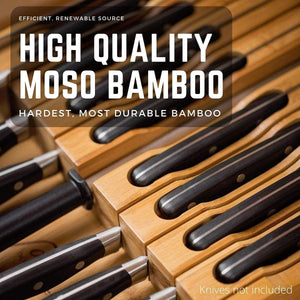 In-Drawer Bamboo Knife Block Holds 16 Knives (Not Included) without Pointing up plus a Slot for Your Knife Sharpener!  Knife Organizer Made from Quality Moso Bamboo