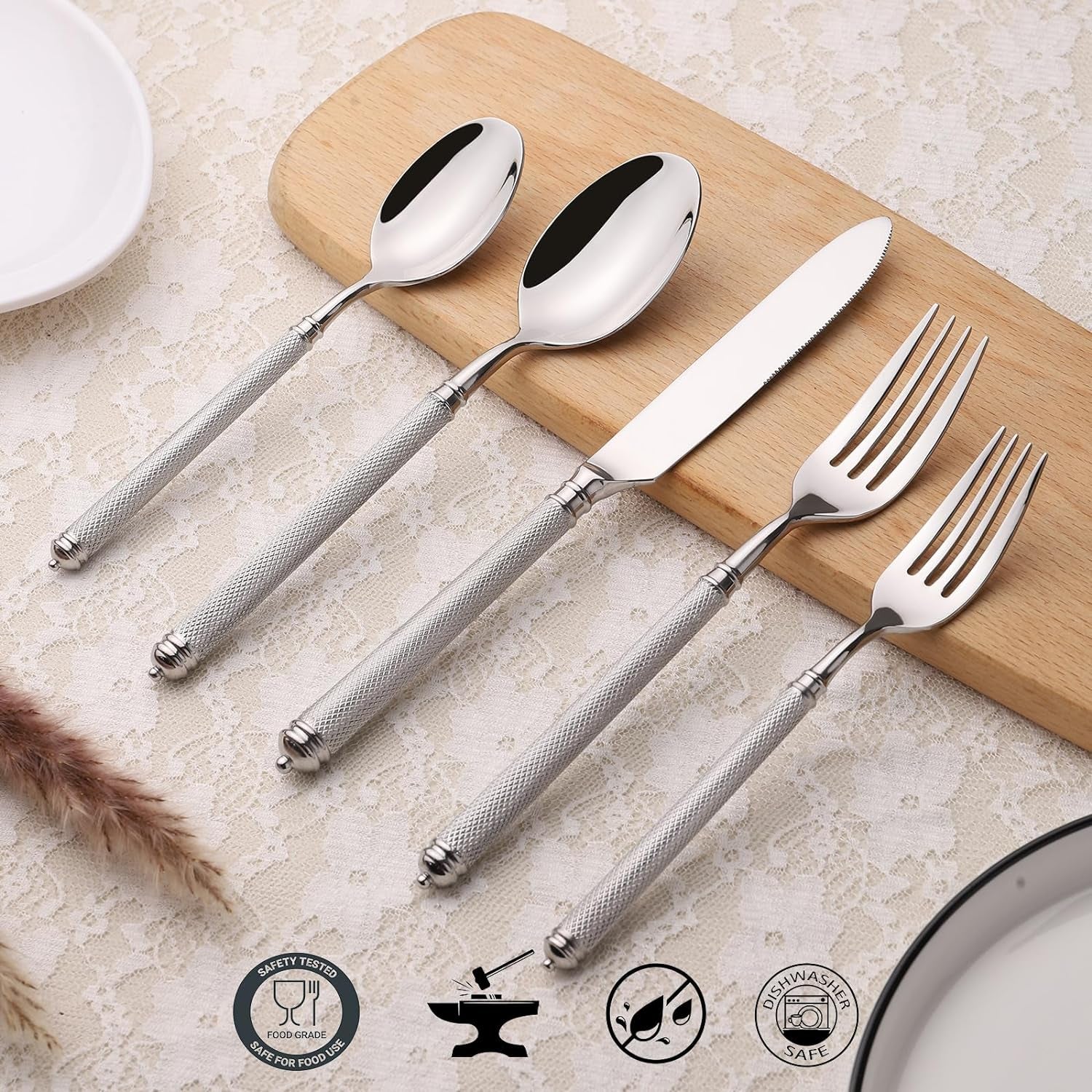 20Pcs 18/10 Stainless Steel Silver Forged Manual Polishing Flatware Set with Luxury Domess Handle Dishwasher Safe Home Hotel Restaurant Use Wedding Housewarming Gift