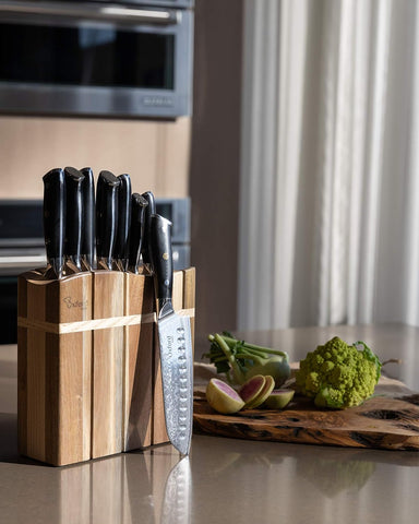 Image of Wooden Kitchen Knife Block - Luxury Hand-Crafted Acacia Wood 8 Slot Storage Block. Can Hold 8 Knives up to 9" Long. Non-Skid, Non-Scratch Rubber Feet