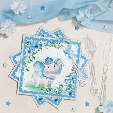 Image of Elephant Baby Shower Decorations for Boy - 175PCS Blue Elephant Party Supplies Disposable Dinnerware (25 Guest) with Paper Plates Cups Napkins Plastic Forks Knives Spoons for Baby Boy Birthday