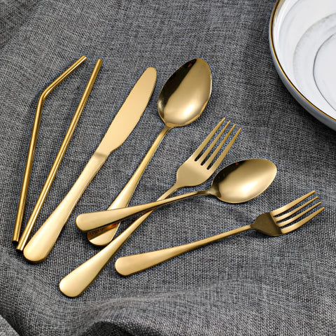 Image of 84 Pieces Gold Silverware Service for 12 Flatware Set Stainless Steel Utensils Cutlery Set Dishwasher Safe Flatware (Gold, 84)