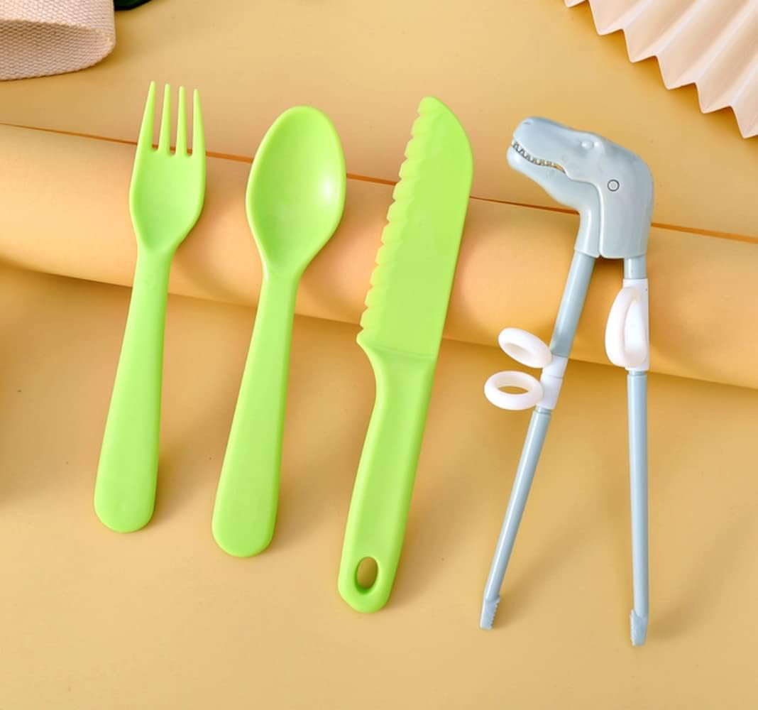Reusable Kids Flatware Set - Dinosaur Training Chopsticks & Plastic Kids Cutlery Set, Kids Fork Spoon & Nylon Knife Ideal for School Lunch Box, BPA Free Toddler Silverware Set, 4 Pcs, Green