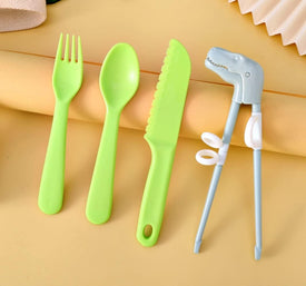 Reusable Kids Flatware Set - Dinosaur Training Chopsticks & Plastic Kids Cutlery Set, Kids Fork Spoon & Nylon Knife Ideal for School Lunch Box, BPA Free Toddler Silverware Set, 4 Pcs, Green