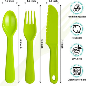12Pcs Kids Cutlery Set, Plastic Toddler Utensils Forks and Spoons with Serrated Nylon Knives for School Lunch Box or Travel with Bright Colors, Reusable Kids Silverware Set Also for Adults