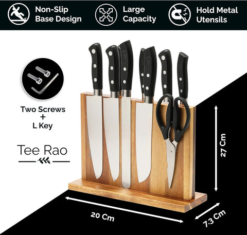 Image of Premium Natural Acacia Wood Magnetic Knife Block Double Sided Magnetic Knife Holder Stand for Kitchen Counter anti Slip Base Knife Block without Knives Knife Storage Universal Knife Block Knife Stand