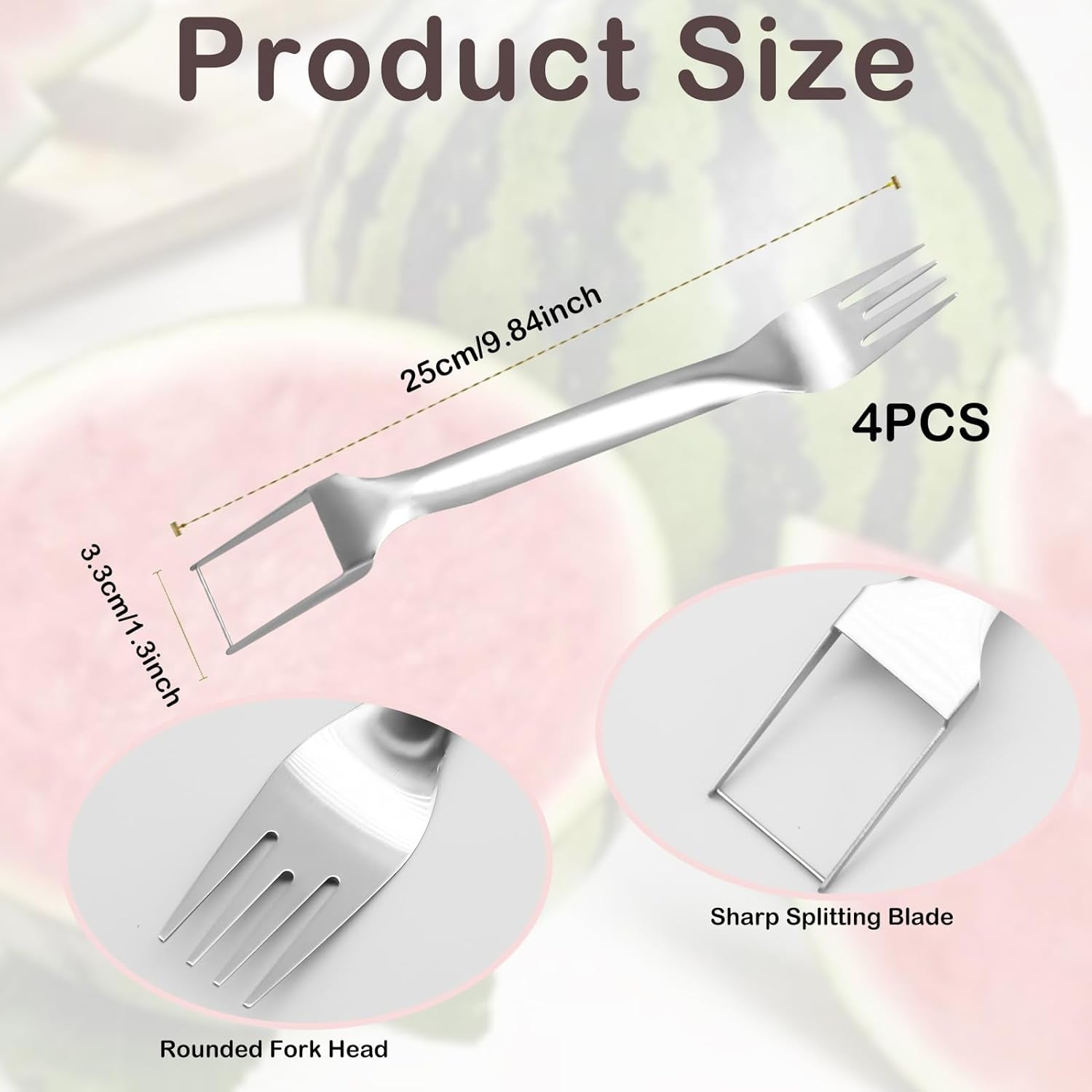 4 Pcs Watermelon Fork Slicer Cutter, Stainless Steel 2-In-1 Watermelon Fork Slicer, Portable Watermelon Fork Watermelon Cutter Slicer Tool Fruit Forks Slicer for Home Party Camping Kitchen Gadget