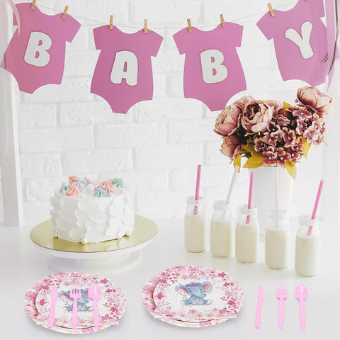 Image of 144 Pcs Elephant Theme Baby Shower Decorations for Boy Girl Party Tableware Set for 24 Guests, Include Paper Baby Shower Plates Napkins Cutlery Plastic Forks Spoons Knives (Pink,Girl)