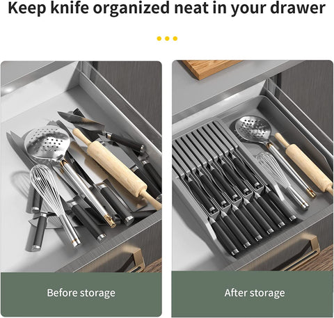 Image of In-Drawer Knife Block,Kitchen Knife Drawer Organizer,2 Tier Knife Holder Holds 11 Knives with Expandable Organizer Storage Tray (Gray)