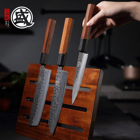 Image of Kitchen Magnetic Knife Block Holder, Japanese Acacia Wood Storage Knife Tool Holder, Enhanced Double-Sided Magnetic Strip Wooden Knife Holder