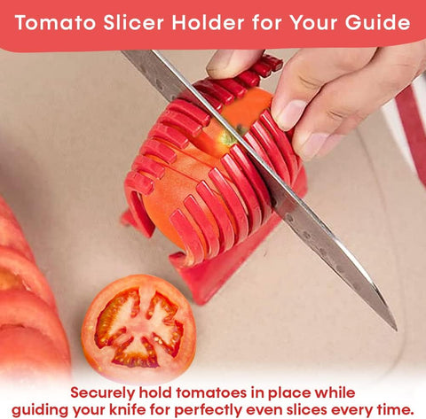 Image of Multiuse Tomato Slicer Holder with Firm Grip Ergonomic 13 Dividers Design for Precise Cuts Slicing Shredding Tomatoes Lemons Potatoes round Fruits Vegetables with Bonus Ebook