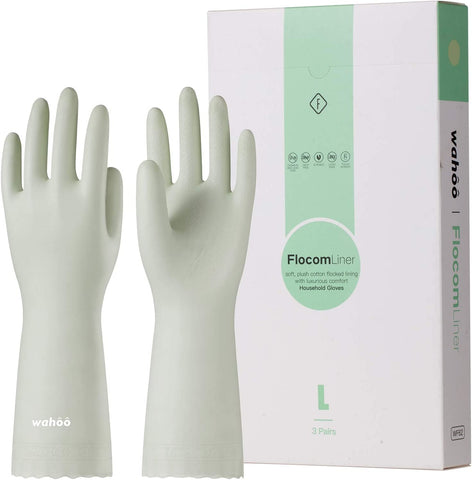 Image of LANON 3 Pairs Wahoo Skin-Friendly Cleaning Gloves, Dishwashing Kitchen Gloves with Cotton Flocked Liner, Reusable, Non-Slip, Canary Green, Small