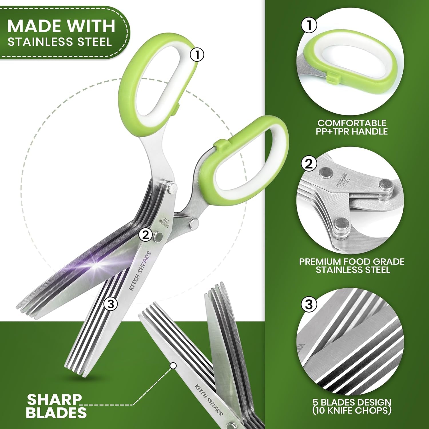 Kitchshears Herb Scissors with 5 Blades and Cover-Premium-Quality Herb Cutter Scissors Stainless-Steel & Easy to Clean- Heavy-Duty Vegetable Scissors for Chopped Salad & Mincing Meat-Bonus Herb Comb