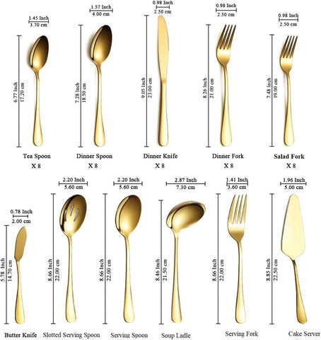 Image of Flatware Set 46 Piece, Stainless Steel with Titanium Gold Plated Flatware Set 45 Pieces Add 1 Pie Sever, Golden Flatware Set, Silverware, Cutlery Set Service for 8 (Shiny Gold)