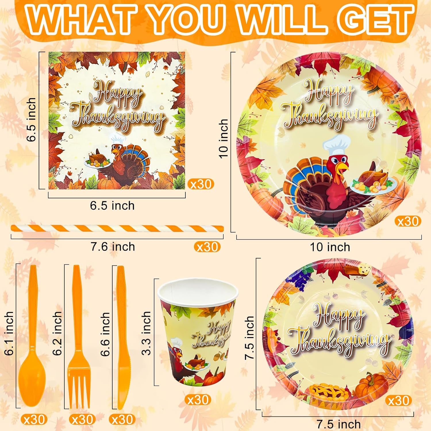 240Pcs Thanksgiving Party Supplies Disposable Dinnerware Set Include Paper Plates Dessert Plates Napkins Forks Knives Spoon Cups Straws Turkey Themed Thanksgiving Dinner Decorations,Serves 30
