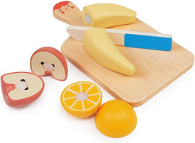 Pretend Food Chopping Board - Wooden Play Food Set for Imaginative Kitchen Play Complete with Smiling Chopping Board, Colorful Fruits, and Child-Safe Knife - Age 24M and Up