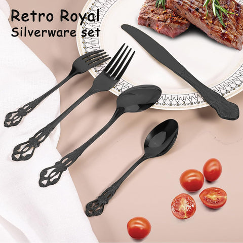 Image of Black Silverware Set for 8, Stainless Steel Gorgeous Retro Royal Flatware Set, 40-Pieces Cutlery Tableware Set, Kitchen Utensils Set Include Spoons and Forks Set, Mirror Finish, Dishwasher Safe