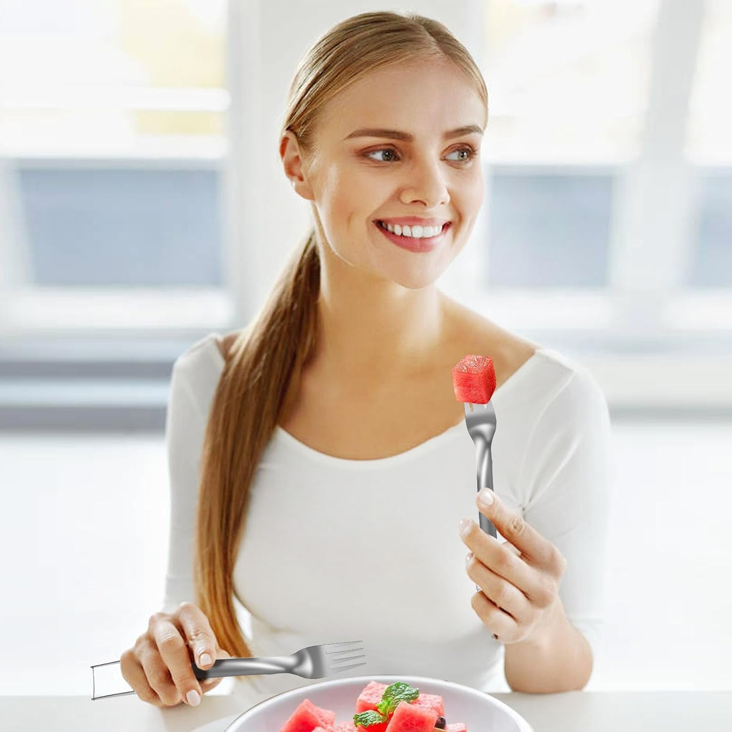 2 Pcs Watermelon Fork Slicer Cutter, Stainless Steel Watermelon Slicer Cutter 2-In-1 Summer Watermelon Fruit Cutting Fork, for Home Party Camping Kitchen Gadget