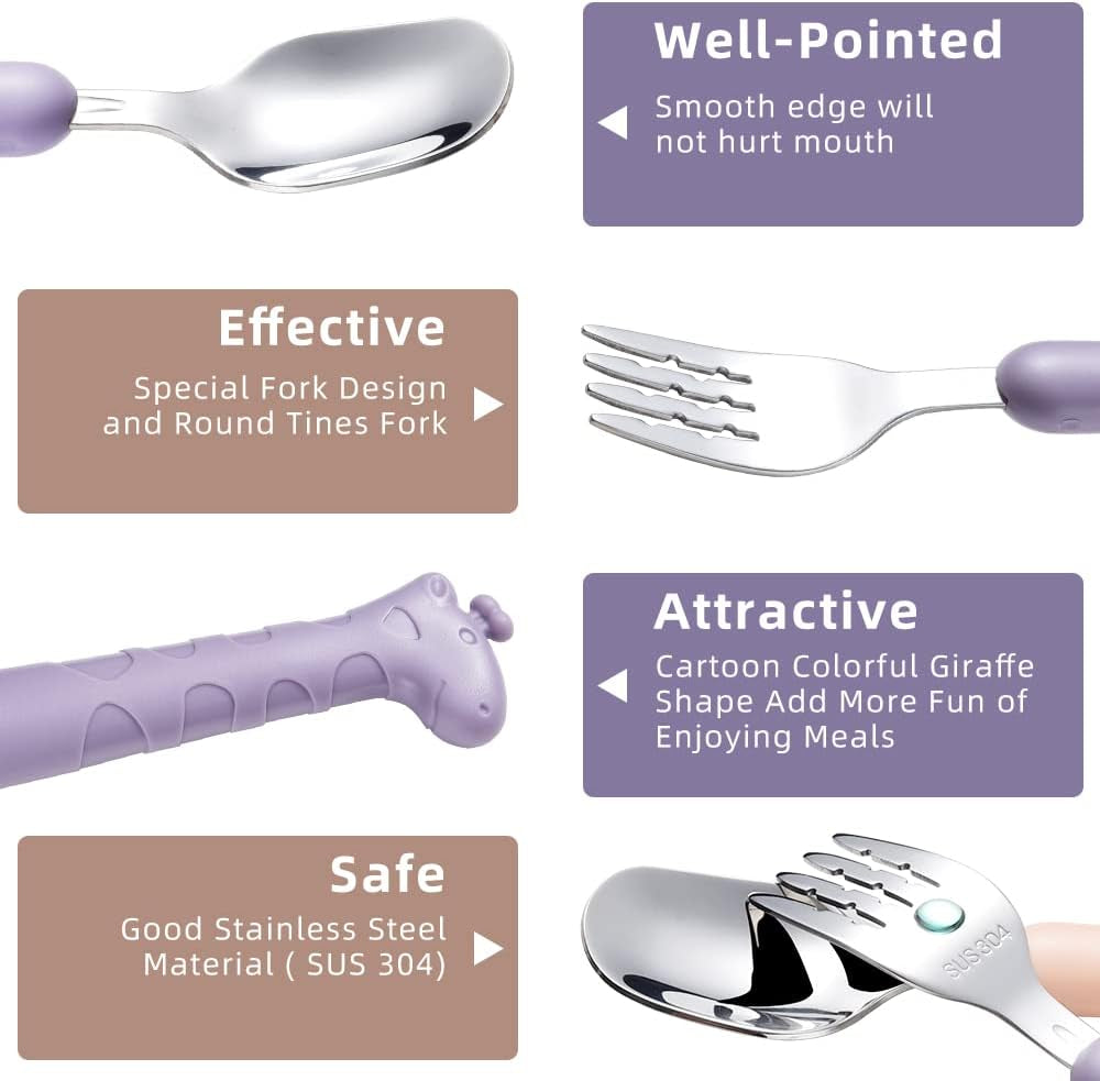 2 Cartoon Toddler Utensil Sets, Kid Spoon and Fork Set, Stainless Steel Toddler Safe Silverware Set for Children Self-Feeding with Travel Carrying Case BPA Free