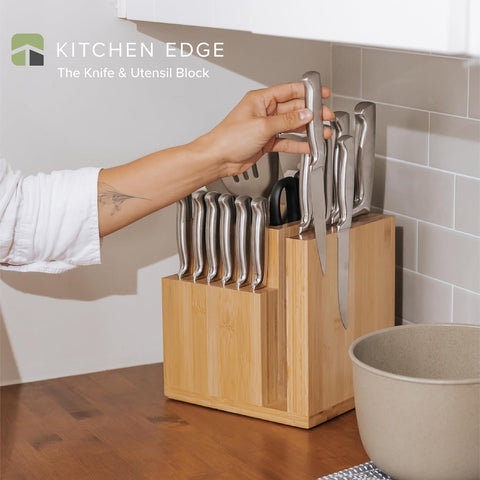 Image of Bamboo Magnetic Knife Block and Cooking Utensil Holder, Sleek Storage for Chefs Knives, Steak Knives, Spatulas, Scissors, Non-Slip Rubber Feet, Easy to Clean, Kitchen Countertop Organizer