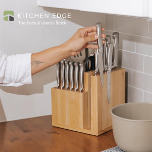Bamboo Magnetic Knife Block and Cooking Utensil Holder, Sleek Storage for Chefs Knives, Steak Knives, Spatulas, Scissors, Non-Slip Rubber Feet, Easy to Clean, Kitchen Countertop Organizer