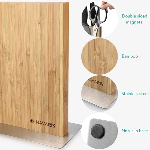 Image of Wood Magnetic Knife Block - Double Sided Wooden Magnet Holder Board Stand for Kitchen Knives, Scissors, Metal Utensils - Bamboo, 8.9 X 8.7 In