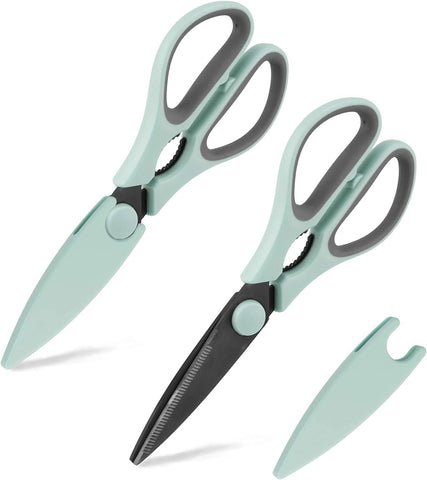 Image of Set of 2 Kitchen Scissors- Stainless Steel Kitchen Shears, Cooking Scissors for Cutting Meat, Chicken, Herbs and Produce with Blade Cover and Soft Grip Handles - Mint Green