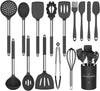 Silicone Cooking Utensil Set,  15Pcs Silicone Cooking Kitchen Utensils Set, Non-Stick - Best Kitchen Cookware with Stainless Steel Handle - Black