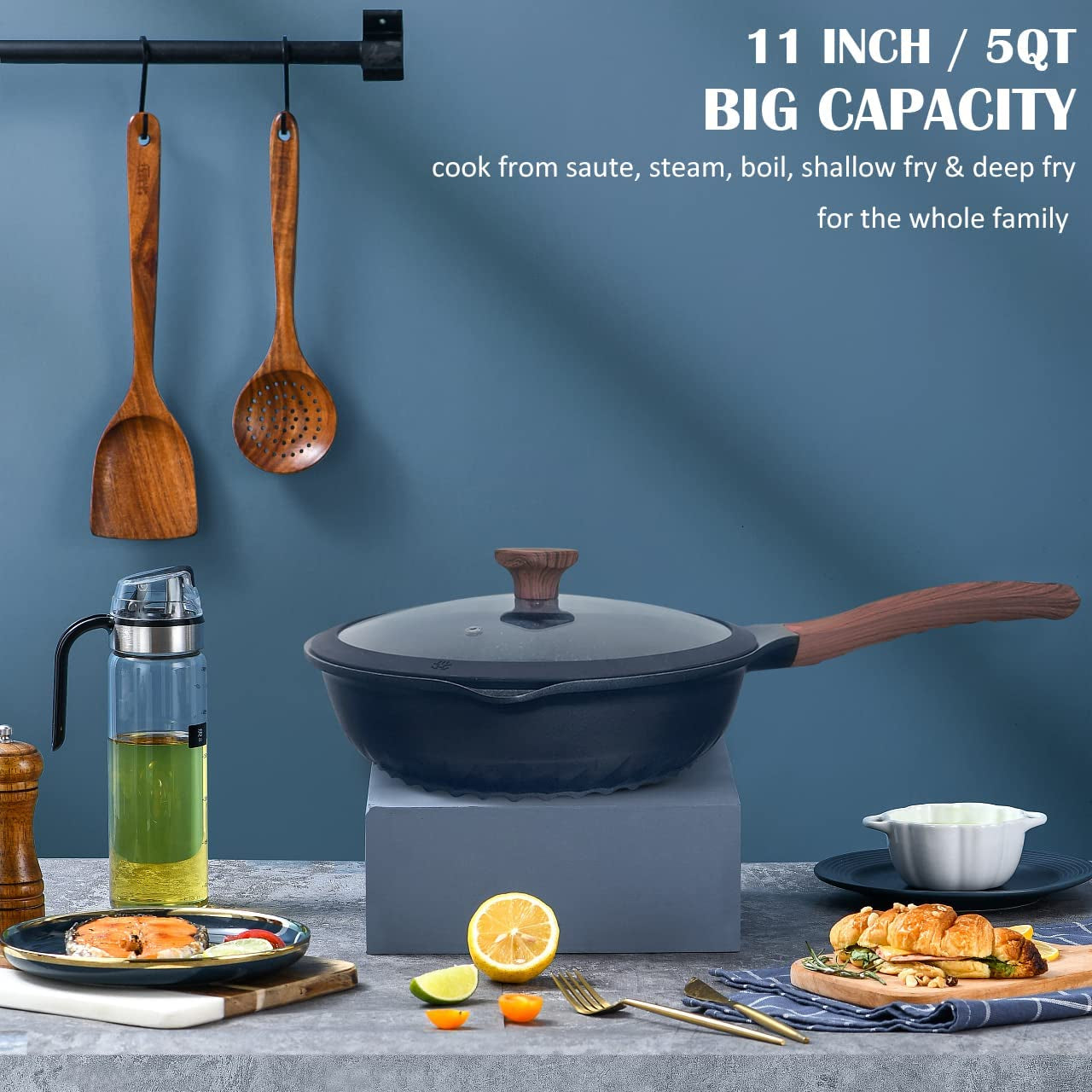 Nonstick Deep Frying Pan Skillet with Lid, 11In/5Qt Saute Pan, German 3C+ Ceramic Coating Technology, Heat Indicator, Induction Compatible