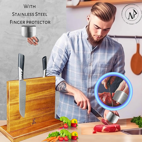 Image of Magnetic Knife Block - Double Sided 12 X 10 Inches Knife Block with Finger Guard - Acacia Wood Knife Holder for Kitchen Counter - Strong Enhanced Magnets in Magnetic Knife Holder Stand