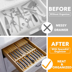 Bamboo Knife Drawer Organizer Insert, Kitchen Steak Knives Holder Organizers Block for Drawer Storage Organization (16 Knife Slots and 1 Sharpener Slot)