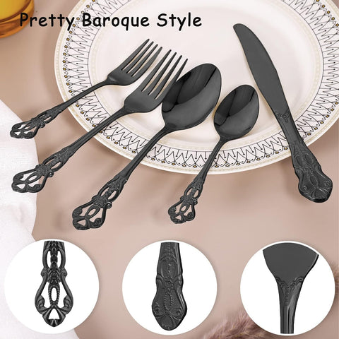 Image of Black Silverware Set for 8, Stainless Steel Gorgeous Retro Royal Flatware Set, 40-Pieces Cutlery Tableware Set, Kitchen Utensils Set Include Spoons and Forks Set, Mirror Finish, Dishwasher Safe