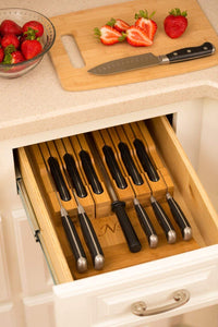 In-Drawer Bamboo Knife Block Holds 12 Knives (Not Included) without Pointing up plus a Slot for Your Knife Sharpener!  Knife Organizer Made from Quality Moso Bamboo