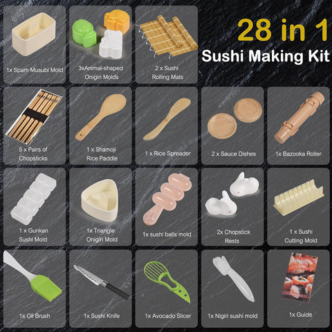 Image of Sushi Making Kit [Parent-Child Set] -28 in 1 Sushi Kit for Beginners & Pros Sushi Makers&Kids, with Bamboo Sushi Roller, Sushi Bazooka,Cutting Mold,Onigiri Mold,Sushi Knife,Guide Book and More