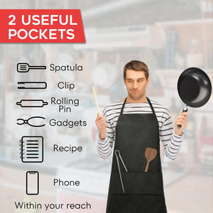 Aprons for Men, 2 Pack 100% Cotton Mens Apron, Black Chef Kitchen Cooking Apron, Men Grilling BBQ Apron with 2 Pockets, Waterproof Man Apron for Gardening, Baking