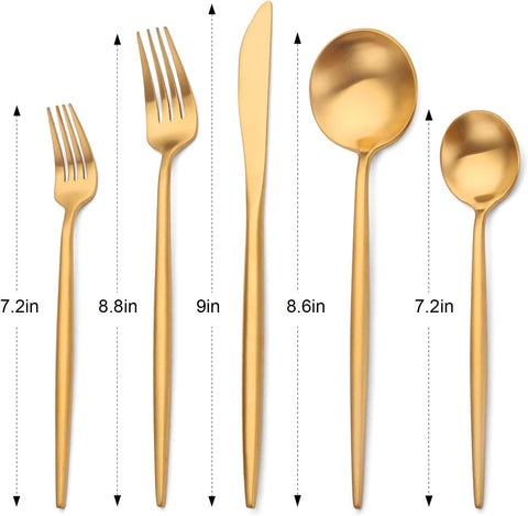 Image of Matte Gold Silverware Set Stainless Steel Satin Finish Flatware Cutlery Set for 4, 20-Piece Spoons and Forks Kitchen Utensil Set, Dishwasher Safe (Matte Gold, 20 P)