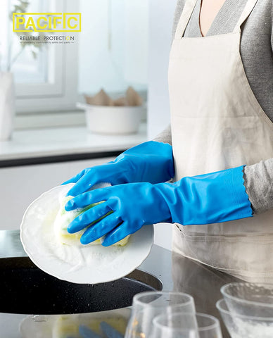 Image of Reusable Dishwashing Cleaning Rubber Gloves, Dish Washing Gloves with Flocked Cotton Liner, Kitchen Gloves, Latex Free, Blue, Medium