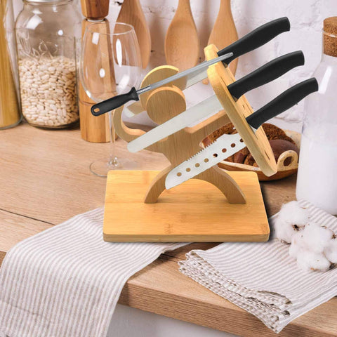 Image of Bamboo Knife Block without Knives, Warrior Shape Kitchen Knife Block Holder, 7 Holes Knife Holder Stand(Without Knives)