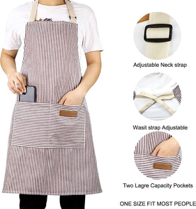 2 Pack Apron, Cotton Cooking Kitchen Aprons, Adjustable Bib Apron with 2 Pockets for Men Women Chef Aprons,(Black/Brown Stripes)