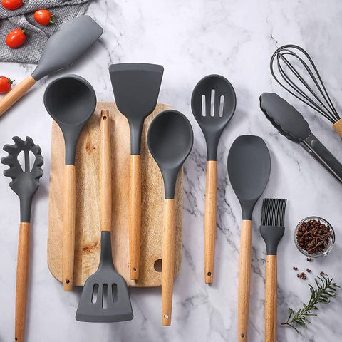 Image of Silicone Cooking Utensils Kitchen Utensil Set, 12 PCS Wooden Handle Nontoxic BPA Free Silicone Spoon Spatula Turner Tongs Kitchen Gadgets Utensil Set for Nonstick Cookware with Holder