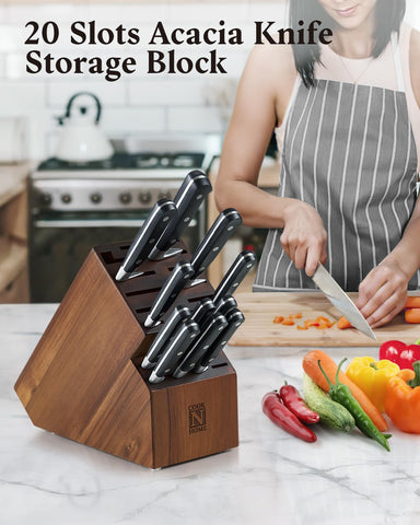 Image of Acacia Wood Knife Storage Block without Knives, 20 Slot Universal Knife Holder Countertop Butcher Block Knife Stand for Easy Kitchen Storage