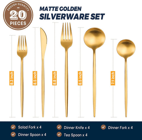 Image of Luxury Matte Gold Silverware Set, 20-Piece 18/8 Stainless Steel Flatware Sets for 4, Dishwasher Safe