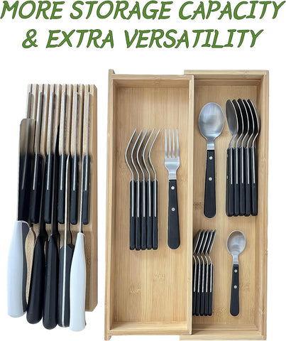 Image of Bamboo Expandable Kitchen Drawer Organizer with Removable Knife Block (No Knife), Wooden Knife Storage Rack & Multi Use Adjustable Divider Tray for Cutlery Utensils Silverware Flatware Spoons Forks