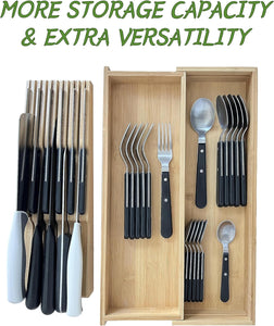 Bamboo Expandable Kitchen Drawer Organizer with Removable Knife Block (No Knife), Wooden Knife Storage Rack & Multi Use Adjustable Divider Tray for Cutlery Utensils Silverware Flatware Spoons Forks