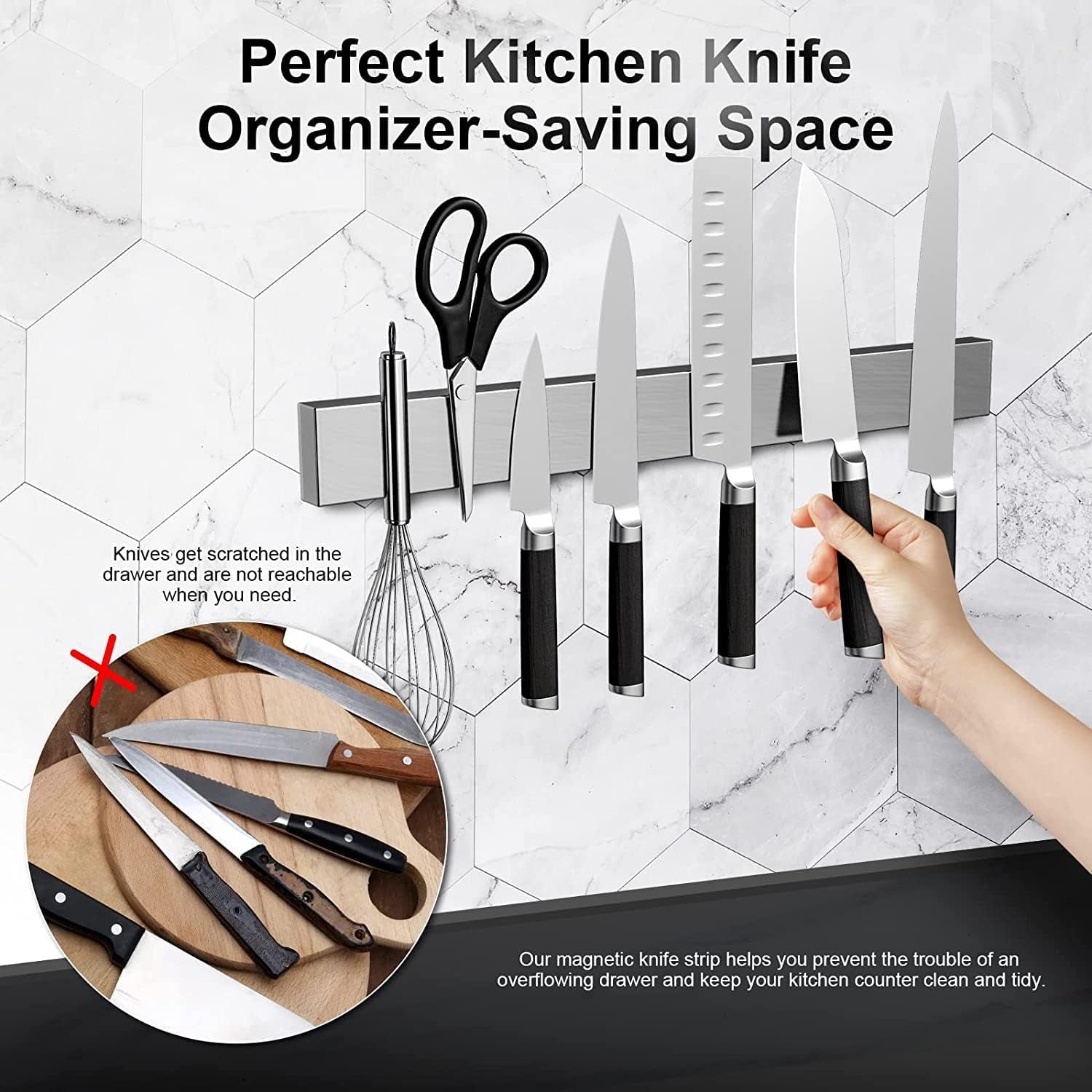 16 Inch Magnetic Knife Holder for Wall, Stainless Steel Adhesive Magnetic Knife Strips No Drilling Use as Mounted Kitchen Knife Storage Bar, Magnetic Tool Organizer, Kitchen Accessories