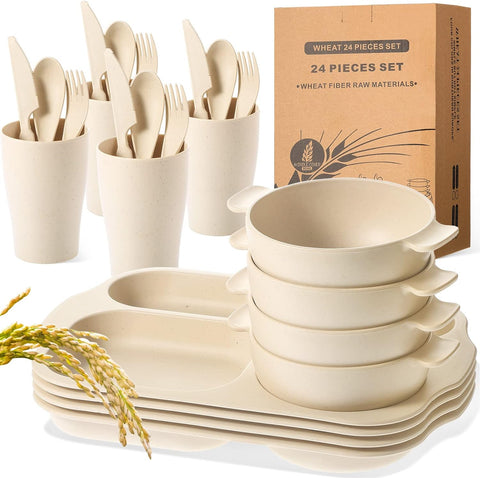 Image of 24 Pcs Wheat Straw Dinnerware Cutlery Set Including Kids Toddlers Divided Plates Microwave Dishwasher Safe Bowl Unbreakable Tableware Straw Cutlery Spoon Knife Fork Cup (Beige)