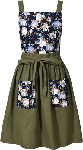 Vintage Pinafore Apron Dress for Women with Pockets Cute Floral Chef Aprons for Kitchen Cooking Baking Gardening