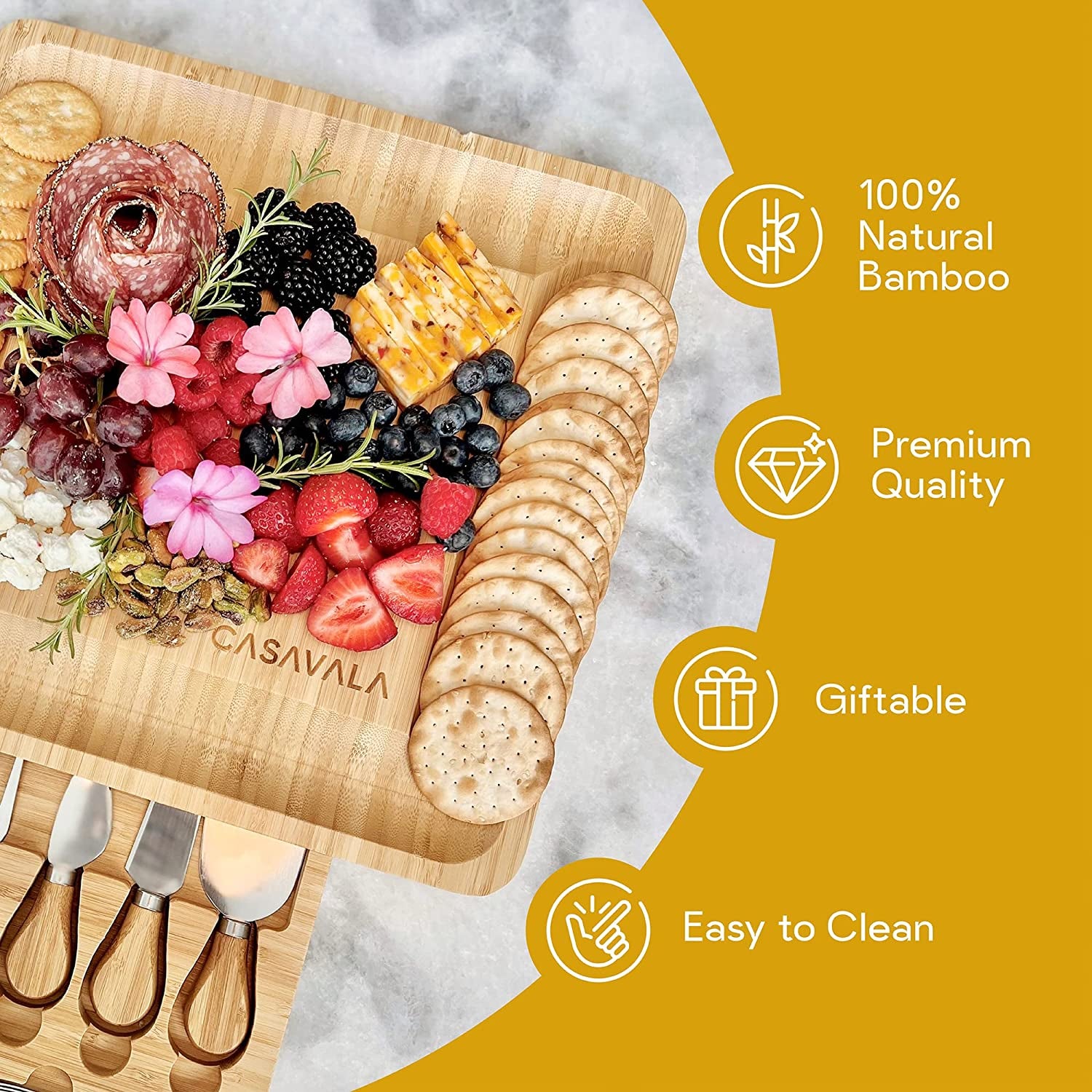 Bamboo Cheese Board Set - Includes 4 Cheese Knives & 10 Cheese Forks- Charcuterie Board Set, Fruit, Cured Meat Serving Platter with Drawer- Ideal for Parties & Events