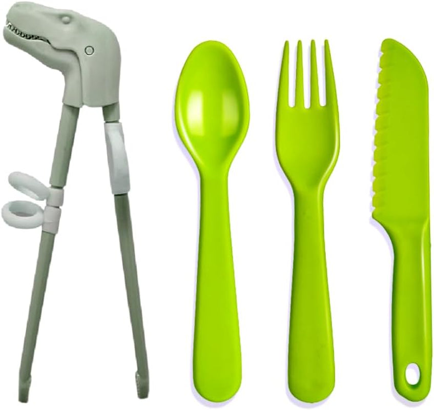 Reusable Kids Flatware Set - Dinosaur Training Chopsticks & Plastic Kids Cutlery Set, Kids Fork Spoon & Nylon Knife Ideal for School Lunch Box, BPA Free Toddler Silverware Set, 4 Pcs, Green